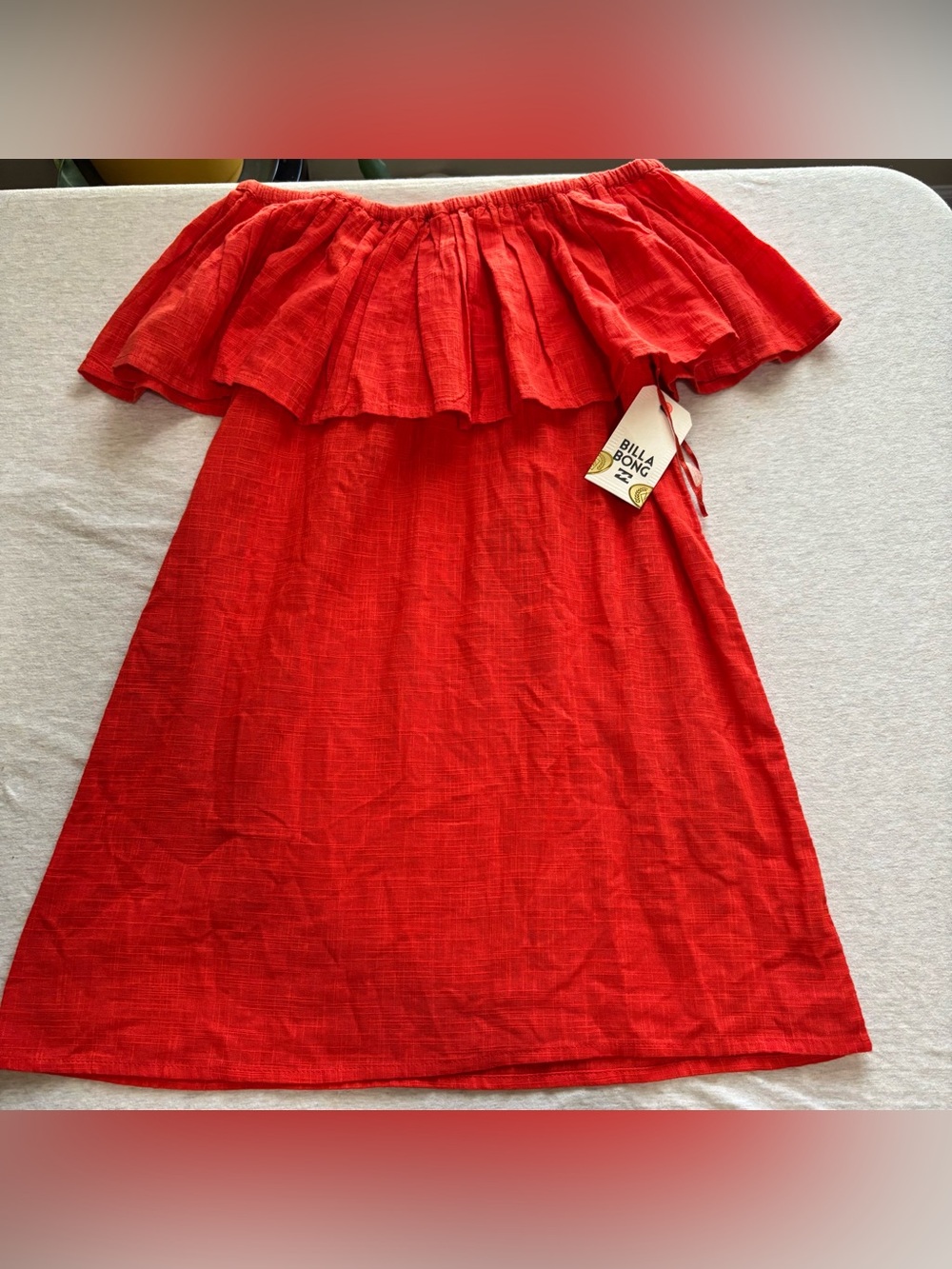 Billabong Red Orange Off Shoulder Ruffle Mini Shift Dress XS Cotton